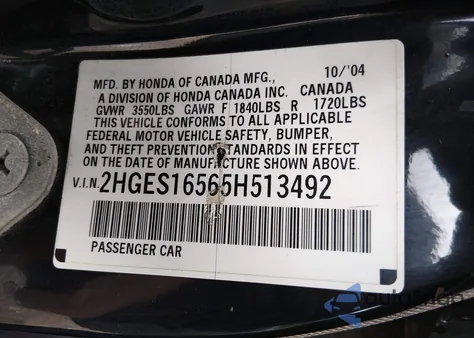 2005 Honda Civic Lx from USA, damaged, VIN 2HGES16565H513492